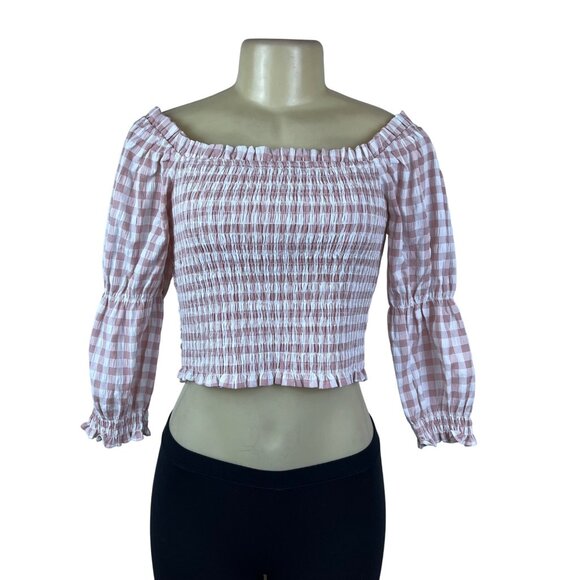 Mi Ami Women Pink Plaid Off-Shoulder Smocked Crop Top Sz M - Picture 1 of 8